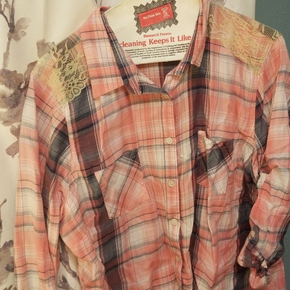 Pink plaid button up top